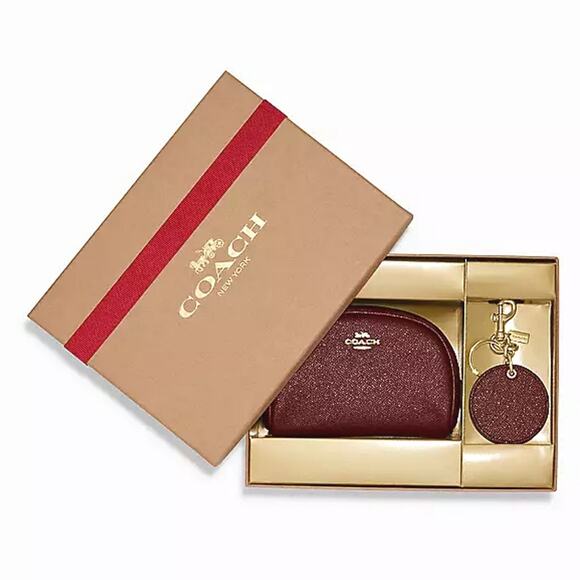 COACH BOXED DOME COSMETIC CASE & MIRROR BAG CHARM SET IN GOLD & BLACK CHERRY - Picture 1 of 2